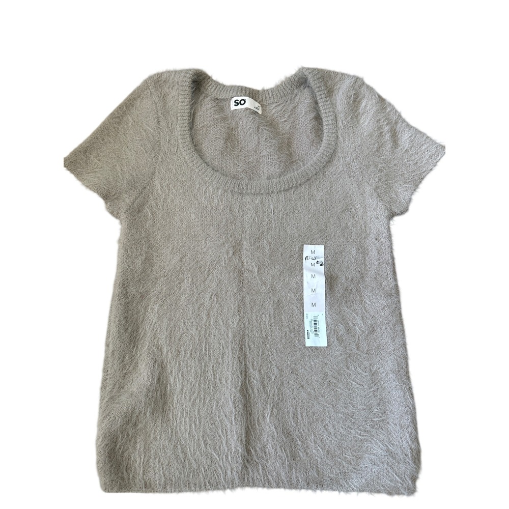 SO Womens Eyelash Knit Fuzzy Short Sleeve Scoop Neck Sweater Top Taupe Gray M